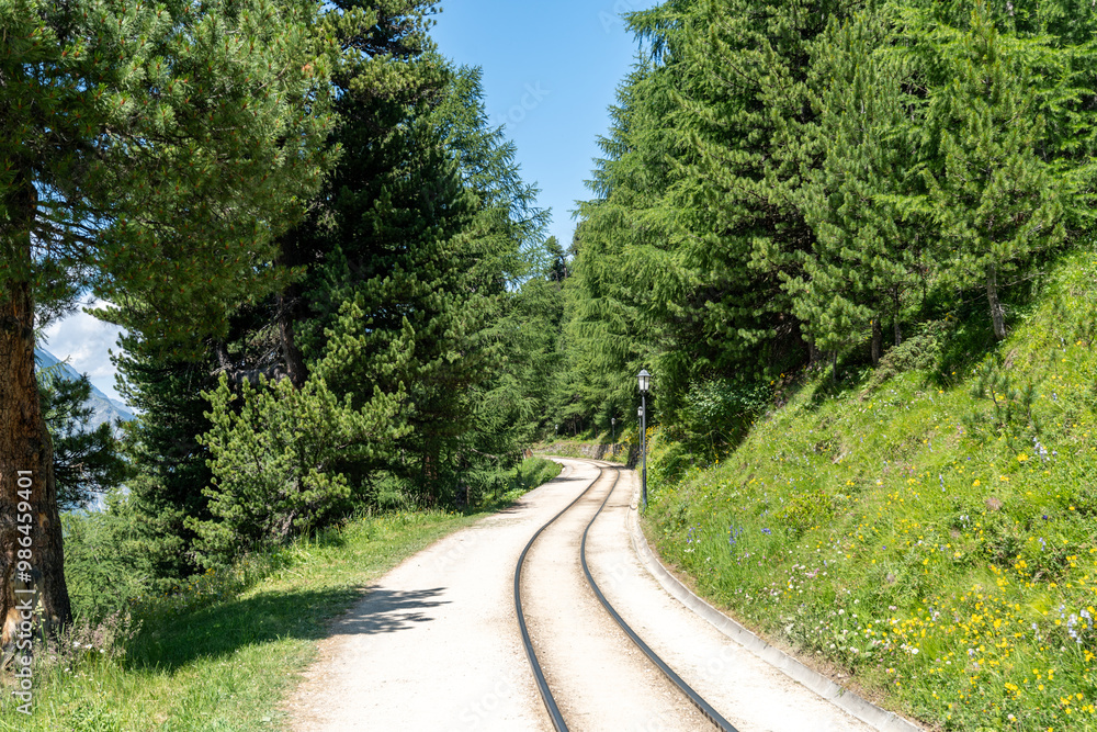 Trail and railway tracks to the Riffelalp train station near Zermatt Switzerland Trail and railway tracks to the Riffelalp train station near Zermatt Switzerland