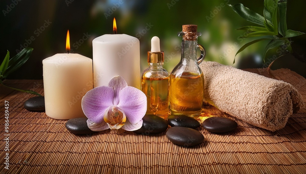 A serene spa setting with candles, orchid flowers, stones, and oil. Perfect for relaxation and tranquility. A serene spa setting with candles, orchid flowers, stones, and oil. Perfect for relaxation and tranquility.