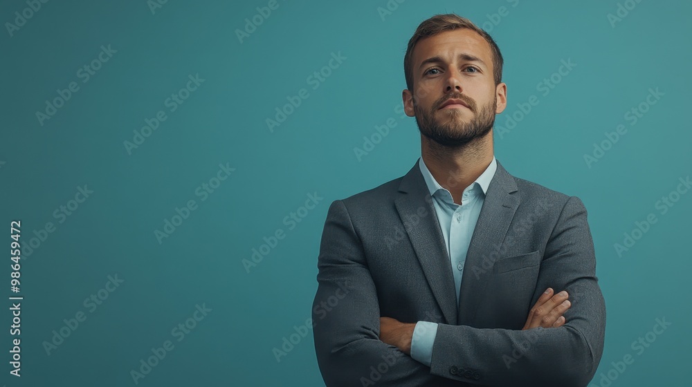 Confident young professional in a suit standing with arms crossed against a turquoise background in a studio setting Confident young professional in a suit standing with arms crossed against a turquoise background in a studio setting