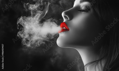 Woman with red lips exhaling smoke.