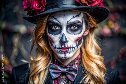 Spooky Halloween character with dramatic skull makeup and floral hat against colorful background