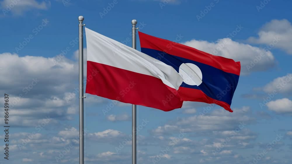 Laos and Poland flags flying together, video concept of the relationship, two country relations concept Laos and Poland flags flying together, video concept of the relationship, two country relations concept