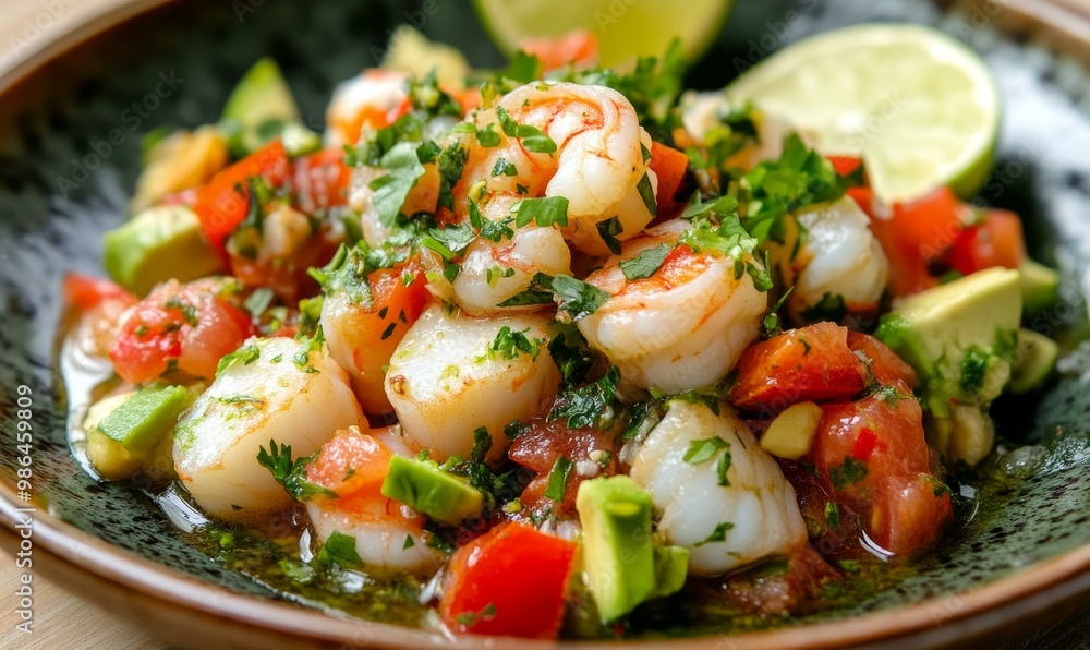 Shrimp, avocado, tomato salad with lime. Shrimp, avocado, tomato salad with lime.