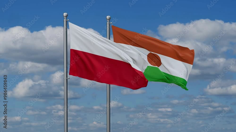 Niger and Poland flags flying together, video concept of the relationship, two country relations concept Niger and Poland flags flying together, video concept of the relationship, two country relations concept