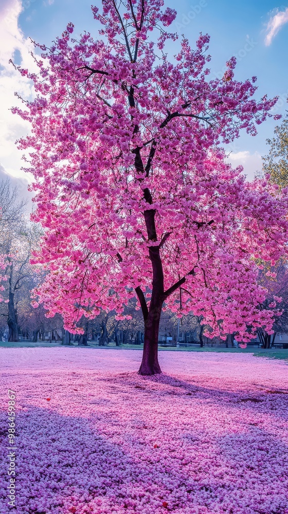 Obraz premium A majestic cherry blossom tree towers its pink petals covering the ground for spring