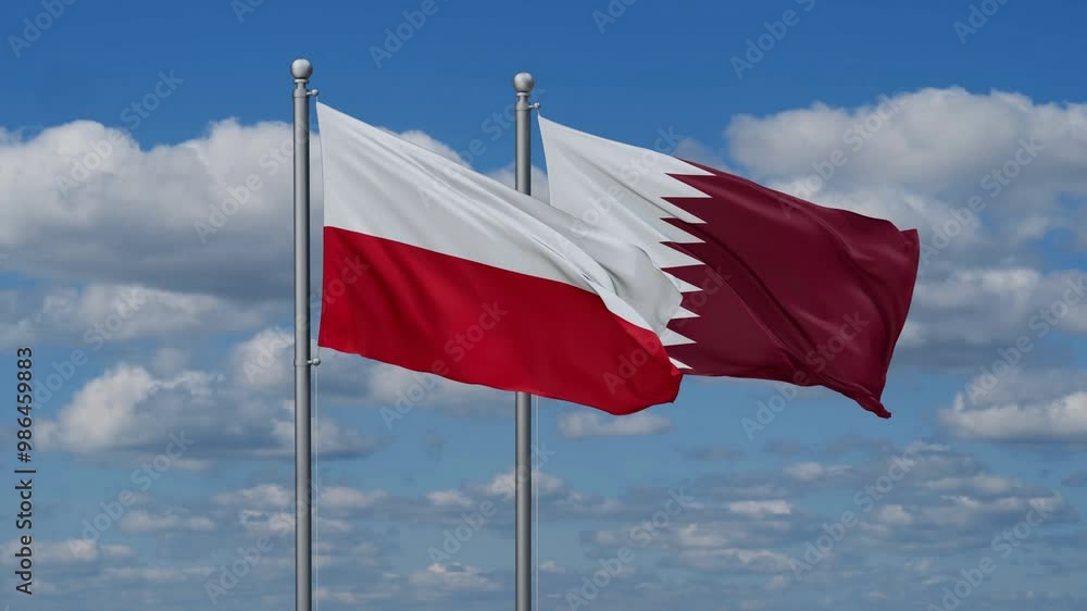 Qatar and Poland flags flying together, video concept of the relationship, two country cooperation concept Qatar and Poland flags flying together, video concept of the relationship, two country cooperation concept