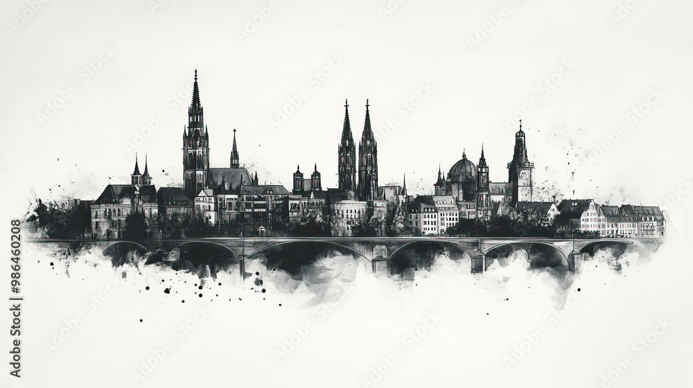 Naklejka premium Aachen, Germany, black and white pen pencil hand-drawn effect drawing illustration for travel poster, card, wallpaper, backdrop or banner. Modern, clear, artistic and simple