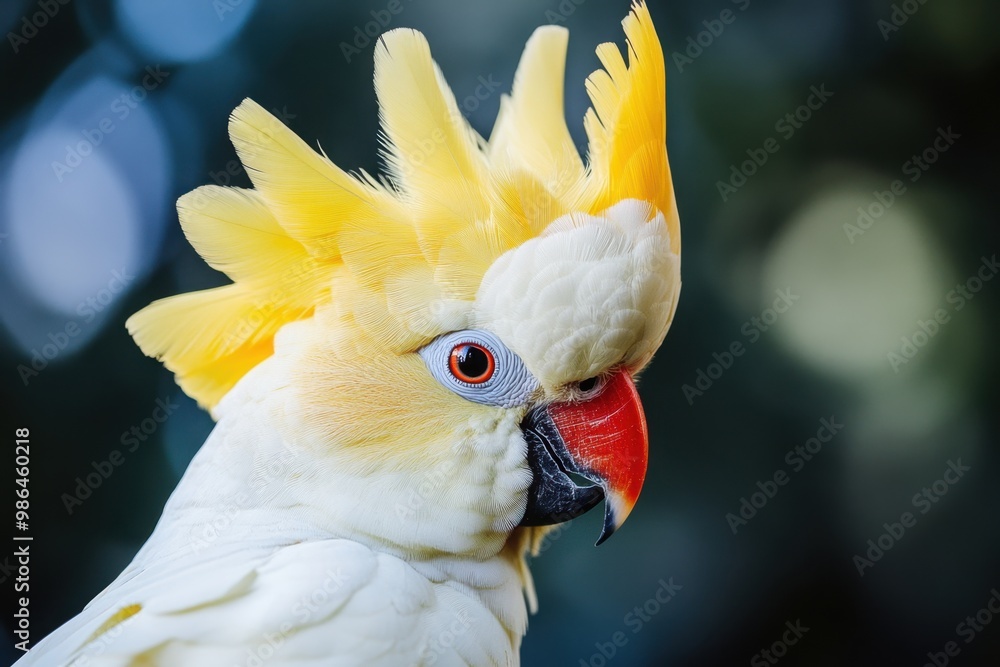 A vibrant sulfur crested cockatoo showcasing its distinctive yellow crest in a lush green setting A vibrant sulfur crested cockatoo showcasing its distinctive yellow crest in a lush green setting