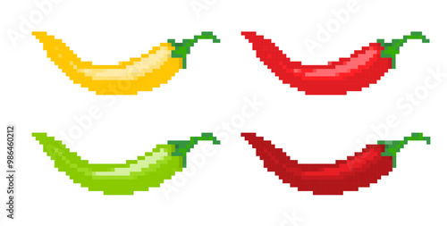 Pixelated chili peppers illustration. Simple pixel art yellow, red, green, and dark red chili peppers.