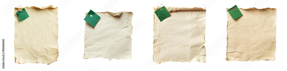Fototapeta premium piece of cream colored, textured paper with an emerald green Post-it note attached to the top-left corner on a transparent background