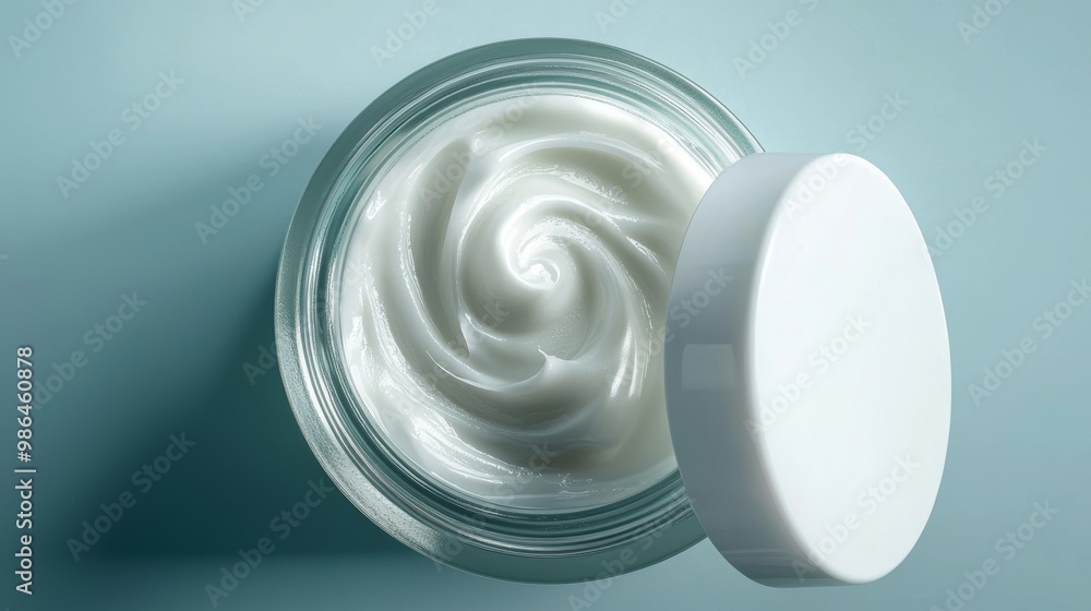 Skincare jar with cosmetic anti aging cream swirl texture and lid isolated on pale blue background. Hyaluronic acid moisturizer product Skincare jar with cosmetic anti aging cream swirl texture and lid isolated on pale blue background. Hyaluronic acid moisturizer product