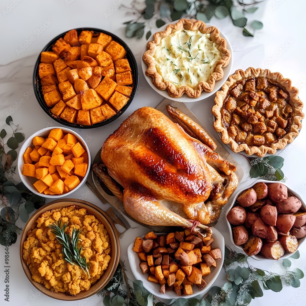 Festive Thanksgiving Dinner Spread with Seasonal Dishes Festive Thanksgiving Dinner Spread with Seasonal Dishes