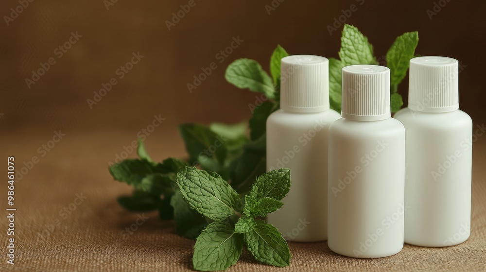 Front view of cosmetic bottles with different shape displayed on brown background with leaves of spearmint. Mockup scene for advertising. Space for design Front view of cosmetic bottles with different shape displayed on brown background with leaves of spearmint. Mockup scene for advertising. Space for design