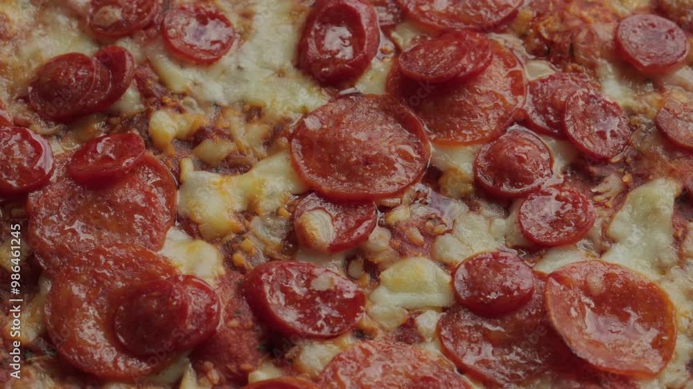 Cooked pepperoni pizza background rotating macro video. Italian cuisine concept Cooked pepperoni pizza background rotating macro video. Italian cuisine concept