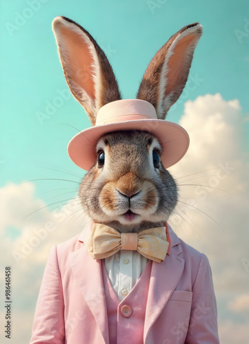 realistic Easter rabbit character vintage portrait, wearing pink suit and hat, on a vertical blue sky background with clouds, animal