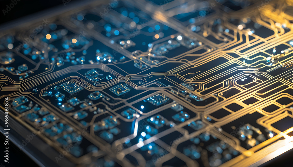 Close-up image of a semiconductor wafer with intricate circuit patterns, metallic components, and reflective surfaces, set against a high-tech, sleek background Close-up image of a semiconductor wafer with intricate circuit patterns, metallic components, and reflective surfaces, set against a high-tech, sleek background