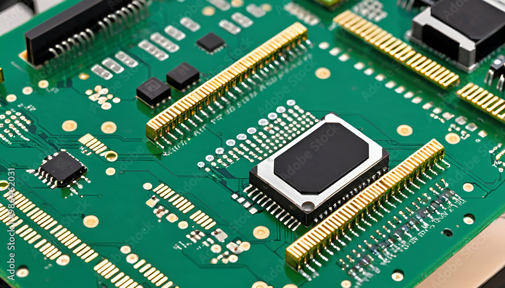 Close-up image of a semiconductor wafer with intricate circuit patterns, metallic components, and reflective surfaces, set against a high-tech, sleek background Close-up image of a semiconductor wafer with intricate circuit patterns, metallic components, and reflective surfaces, set against a high-tech, sleek background