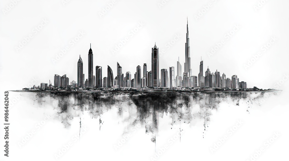 Naklejka premium Al Ain, UAE, black and white pen pencil hand-drawn effect drawing illustration for travel poster, card, wallpaper, backdrop or banner. Modern, clear, artistic and simple