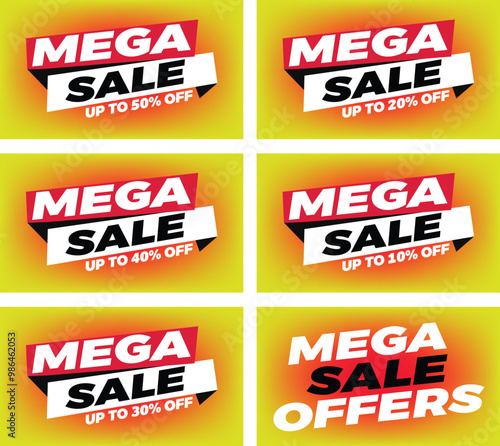Mega sale Clearance Modern promotion sticker, banner advertisement template of 50% , 40% , 30% , 20% , 10% off Vector illustration on yellow background combo pack