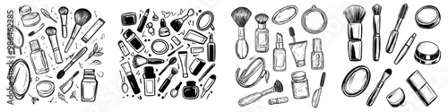 The set of cosmetics related illustrations is a hand drawn doodle