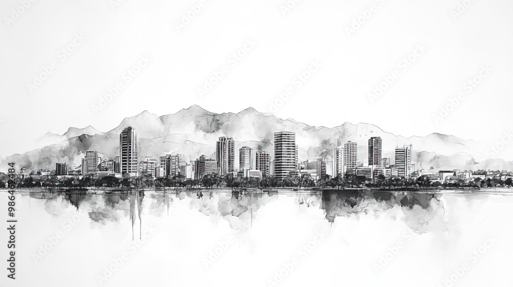 Fototapeta premium Alajuela, Costa, black and white pen pencil hand-drawn effect drawing illustration for travel poster, card, wallpaper, backdrop or banner. Modern, clear, artistic and simple