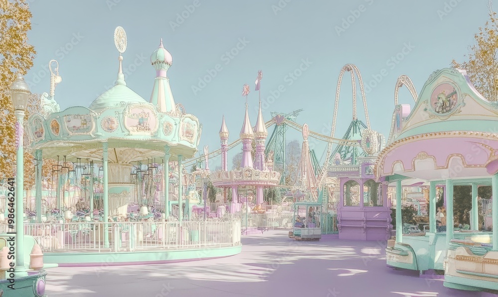 Obraz premium Pastel colored carousel and rides at an amusement park.