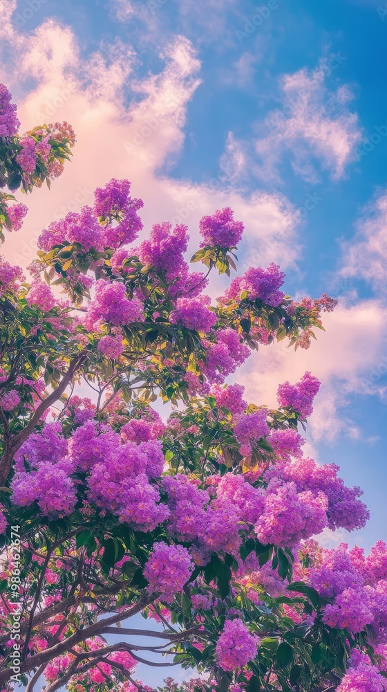 Vibrant purple flowers bloom brightly under the clear blue sky celebrating springs arrival Vibrant purple flowers bloom brightly under the clear blue sky celebrating springs arrival