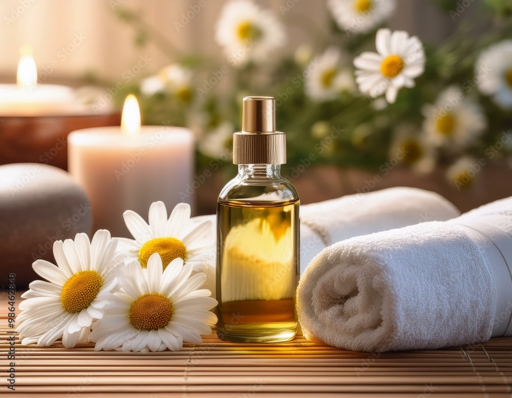A spa setting with a bottle of essential oil, towels, and chamomile flowers. Relaxing and peaceful, perfect for wellness and beauty themes. A spa setting with a bottle of essential oil, towels, and chamomile flowers. Relaxing and peaceful, perfect for wellness and beauty themes.