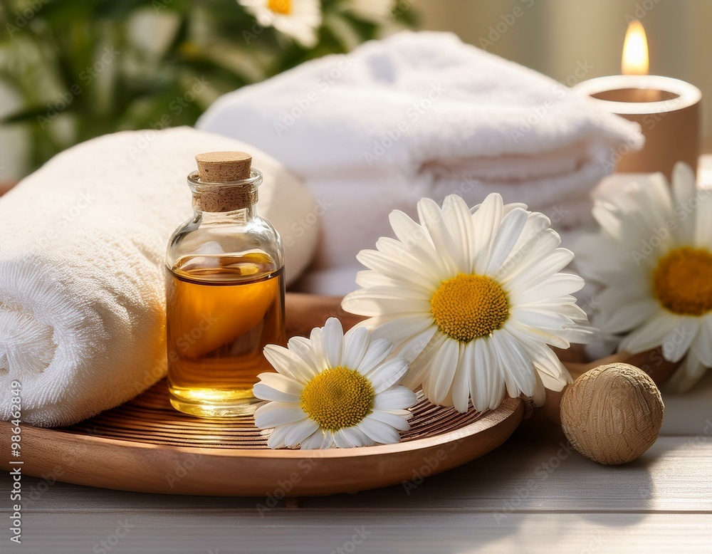 A spa setting with a bottle of essential oil, towels, and chamomile flowers. Relaxing and peaceful, perfect for wellness and beauty themes. A spa setting with a bottle of essential oil, towels, and chamomile flowers. Relaxing and peaceful, perfect for wellness and beauty themes.