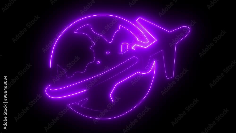 Airplane flying from earth by purple neon on black background. Airplane flying from earth by purple neon on black background.