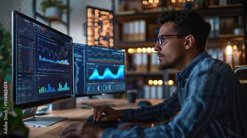 A man analyzing data on a desktop computer at a tech startup, showcasing an open-plan office with a focused and innovative atmosphere, incredibly detailed and realistic.