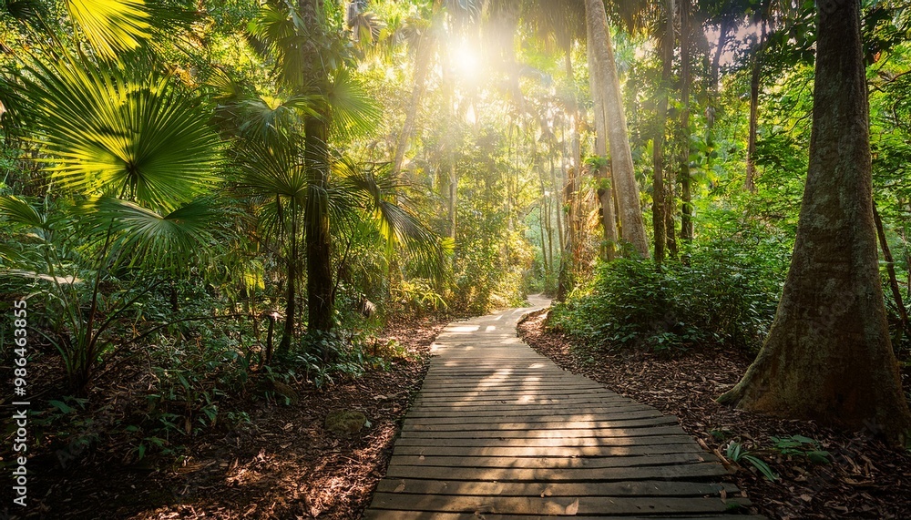 A sunlit path winds through a lush tropical jungle. A sunlit path winds through a lush tropical jungle.
