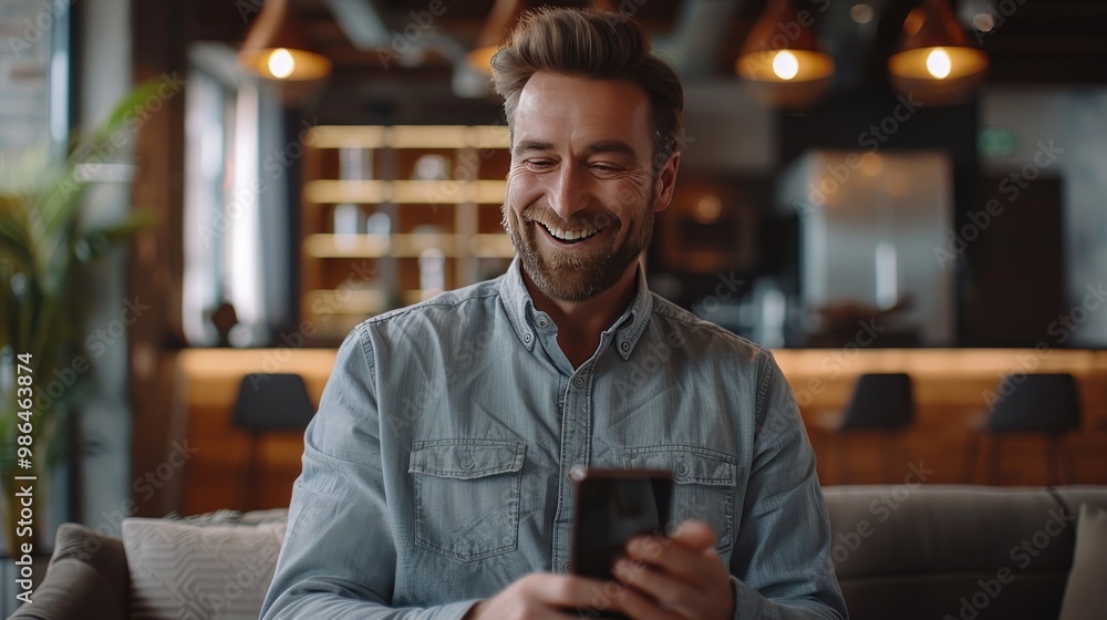 An excited office worker receiving a positive email on their smartphone in a modern office break area. An excited office worker receiving a positive email on their smartphone in a modern office break area.