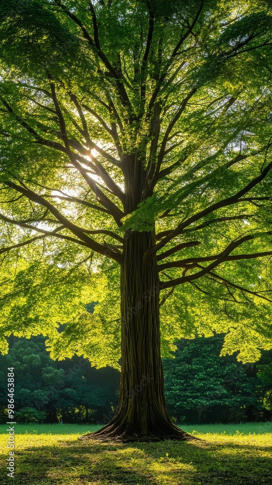 Fototapeta premium Sunlight filters through the vibrant green leaves of a magnificent Dawn Redwood tree