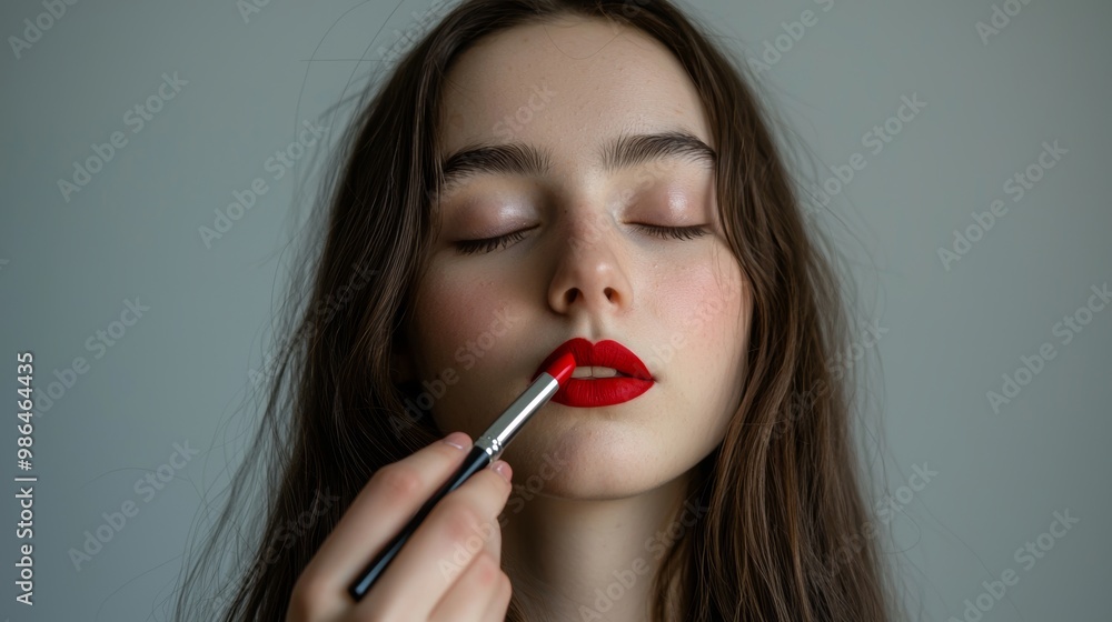 Makeup artist applies red lipstick . Beautiful woman face. Hand of visagiste painting cosmetics of young beauty model girl . Make up in process Makeup artist applies red lipstick . Beautiful woman face. Hand of visagiste painting cosmetics of young beauty model girl . Make up in process