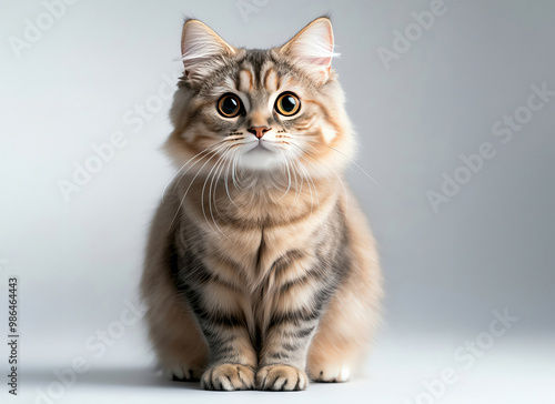 A fluffy cat with striking eyes sitting gracefully against a neutral background, conveying curiosity and charm.