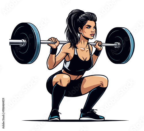 Vector illustration of a fit woman squatting with a barbell, demonstrating athleticism, power, and focus.