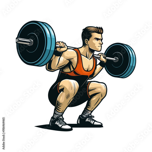 Vector illustration of a determined athlete squatting with a heavy barbell on his shoulders in a powerlifting stance.