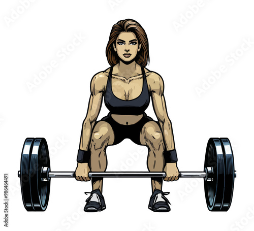 Vector illustration of a strong woman performing a deadlift with a barbell, highlighting strength and focus.