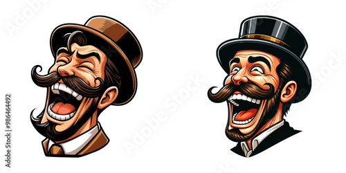 Vector illustration of two laughing gentlemen with mustaches and hats, exuding a humorous and vintage vibe.