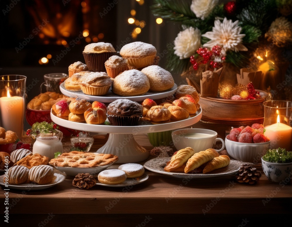 A table overflowing with an assortment of delectable pastries and sweet treats, perfect for a festive celebration. A table overflowing with an assortment of delectable pastries and sweet treats, perfect for a festive celebration.