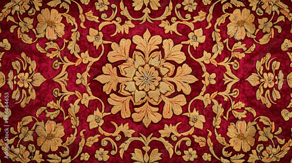 A close-up of a maroon fabric with golden thread embroidery of intricate floral designs. A close-up of a maroon fabric with golden thread embroidery of intricate floral designs.