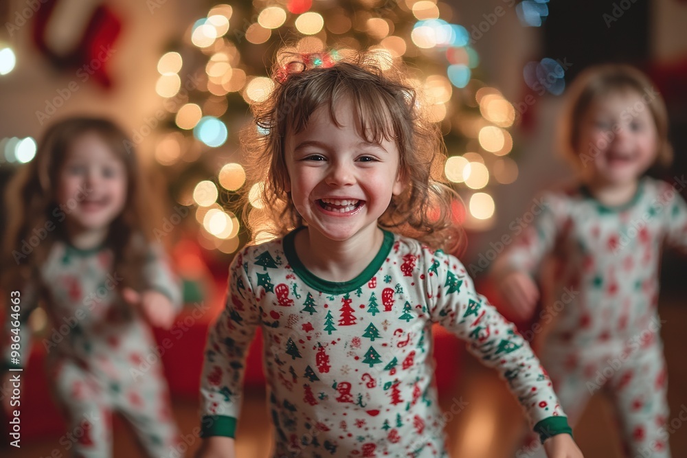 Cheerful child in festive pajamas with holiday background Cheerful child in festive pajamas with holiday background