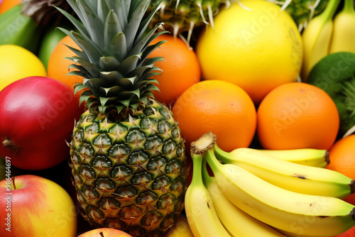 Assortment of Fresh Tropical Fruits Including Pineapple, Bananas, Oranges, and Apples