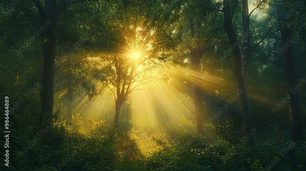 Fototapeta premium Sunbeams Piercing Through a Dense Forest Canopy