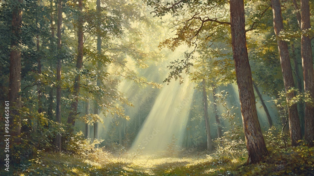 Obraz premium Sunlight Beams Through a Dense Forest Canopy