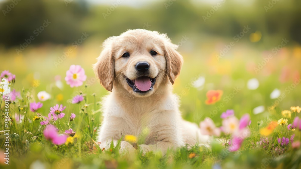 Happy Golden Retriever Puppy in Flower Field Happy Golden Retriever Puppy in Flower Field