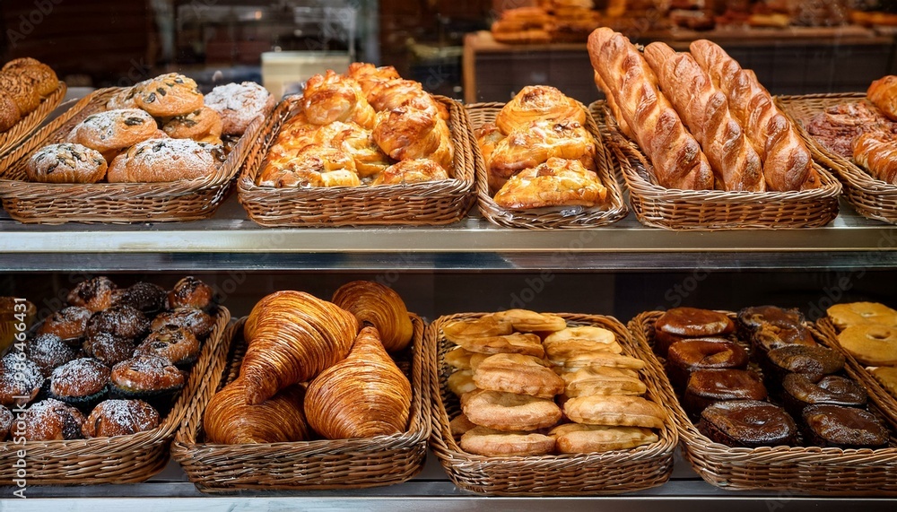 A variety of pastries and baked goods on display. A variety of pastries and baked goods on display.