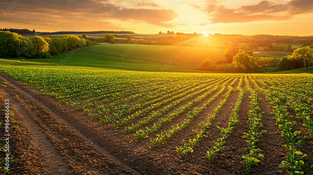 A panoramic view of a lush green farm with rows of crops stretching into the distance, showcasing the vastness and productivity of modern agriculture A panoramic view of a lush green farm with rows of crops stretching into the distance, showcasing the vastness and productivity of modern agriculture
