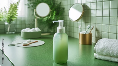 Minimalist Bathroom Aesthetic Featuring Green Body Wash Bottle on Smooth Green Countertop Surrounded by White Towel Mirror Toothbrush Cotton Rounds and Lush Green Plant Decor